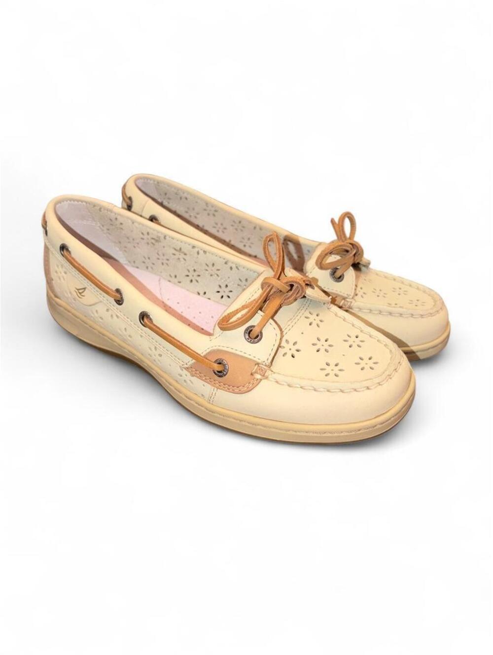 Sperry Top-Sider Angelfish Floral Perforated Boat Shoes Oat Beige Women's 7.5M